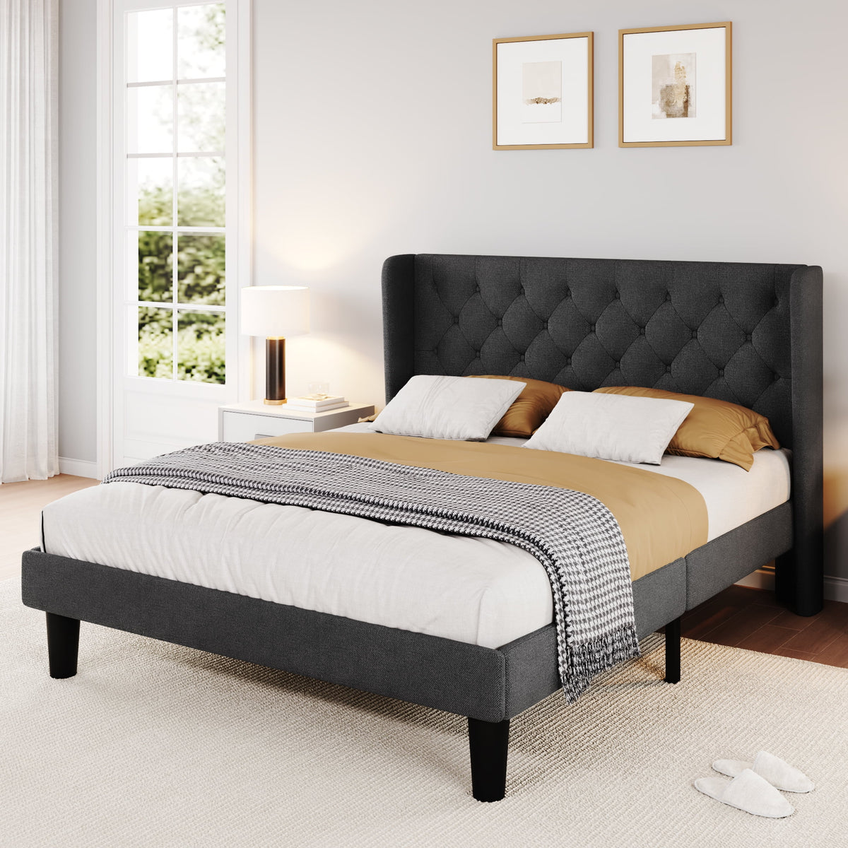 Queen Size Dark Grey Upholstered Platform Bed Frame R2078