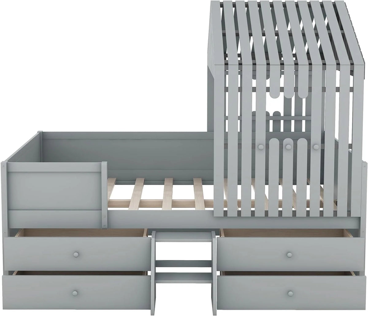 Full Size Wood House Bed with 4 Drawers and Roof F667