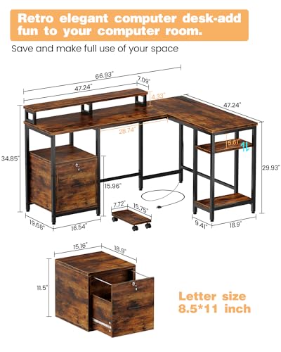 Vintage Gray L Shaped Computer Desk with File Drawers and Power Outlets C87345
