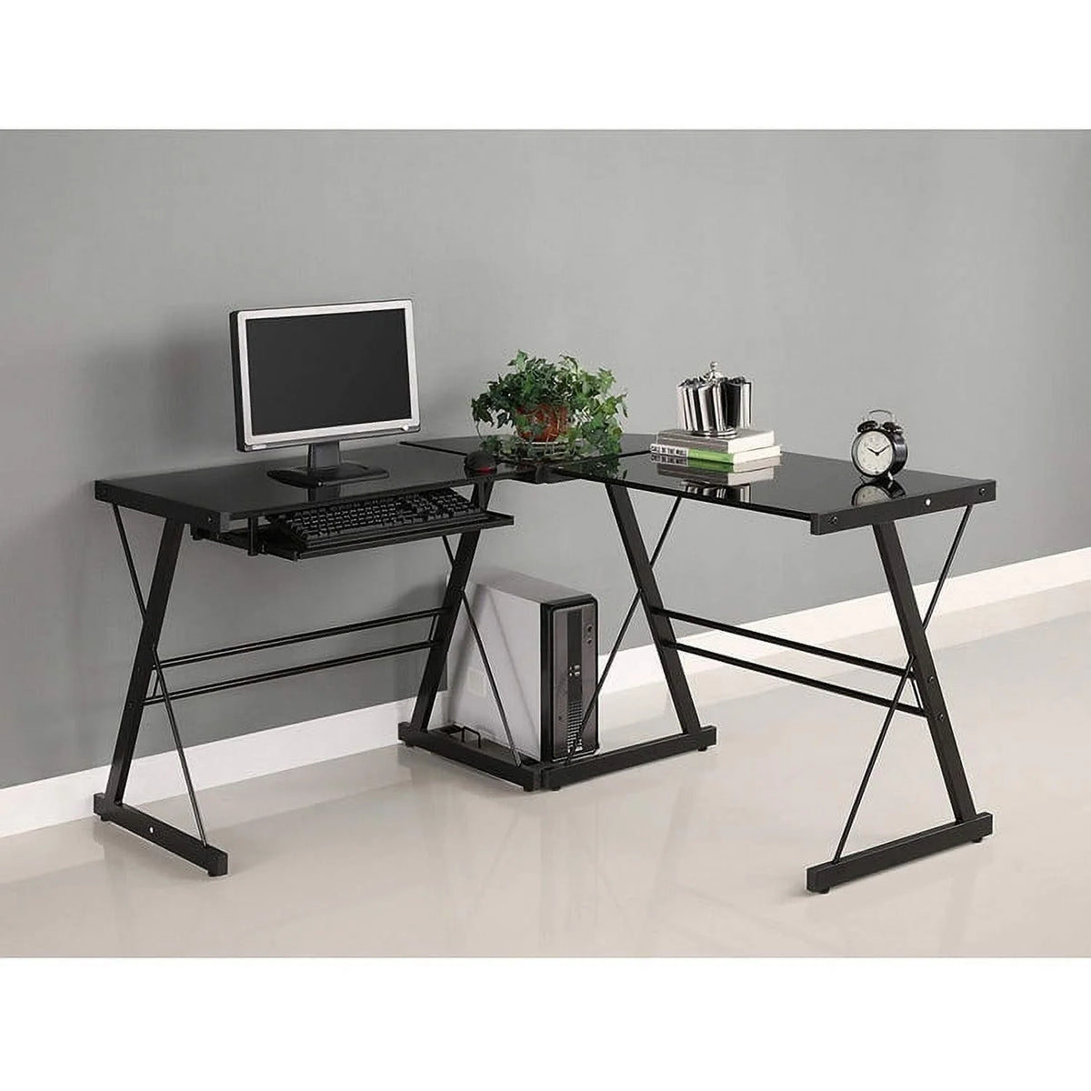 L-Shaped Tempered Glass Computer Desk with Shelf & Keyboard Tray T95103