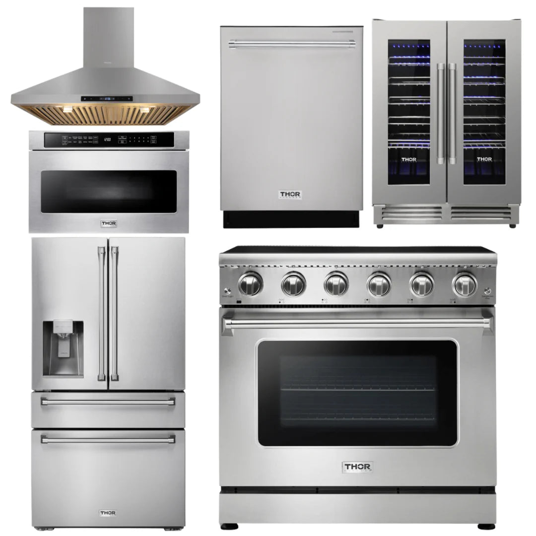 36 Electric Range, Range Hood, Microwave, Refrigerator, Dishwasher, Wine Cooler E59325