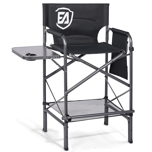 Tall Folding Chair with Side Table Cup Holder Storage Pocket Blue Grey C485