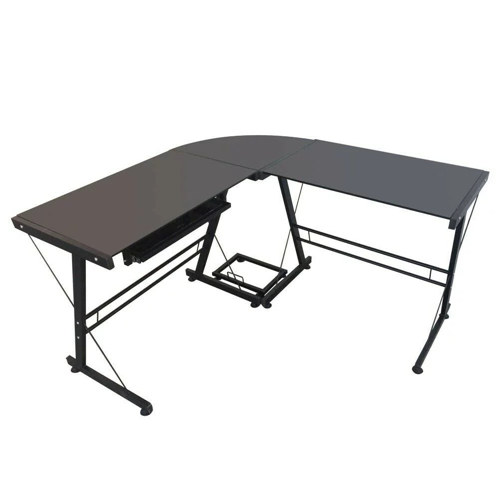 L-Shaped Tempered Glass Computer Desk with Shelf & Keyboard Tray T95103