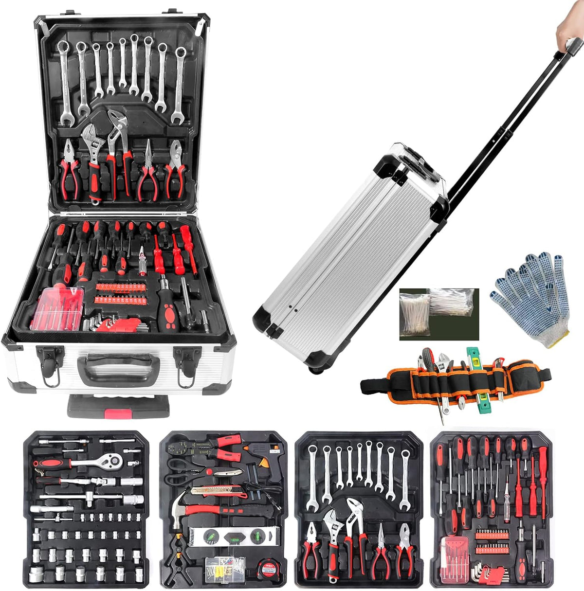 Black Rolling Tool Box Hand Tool Set with Tool Belt G9468