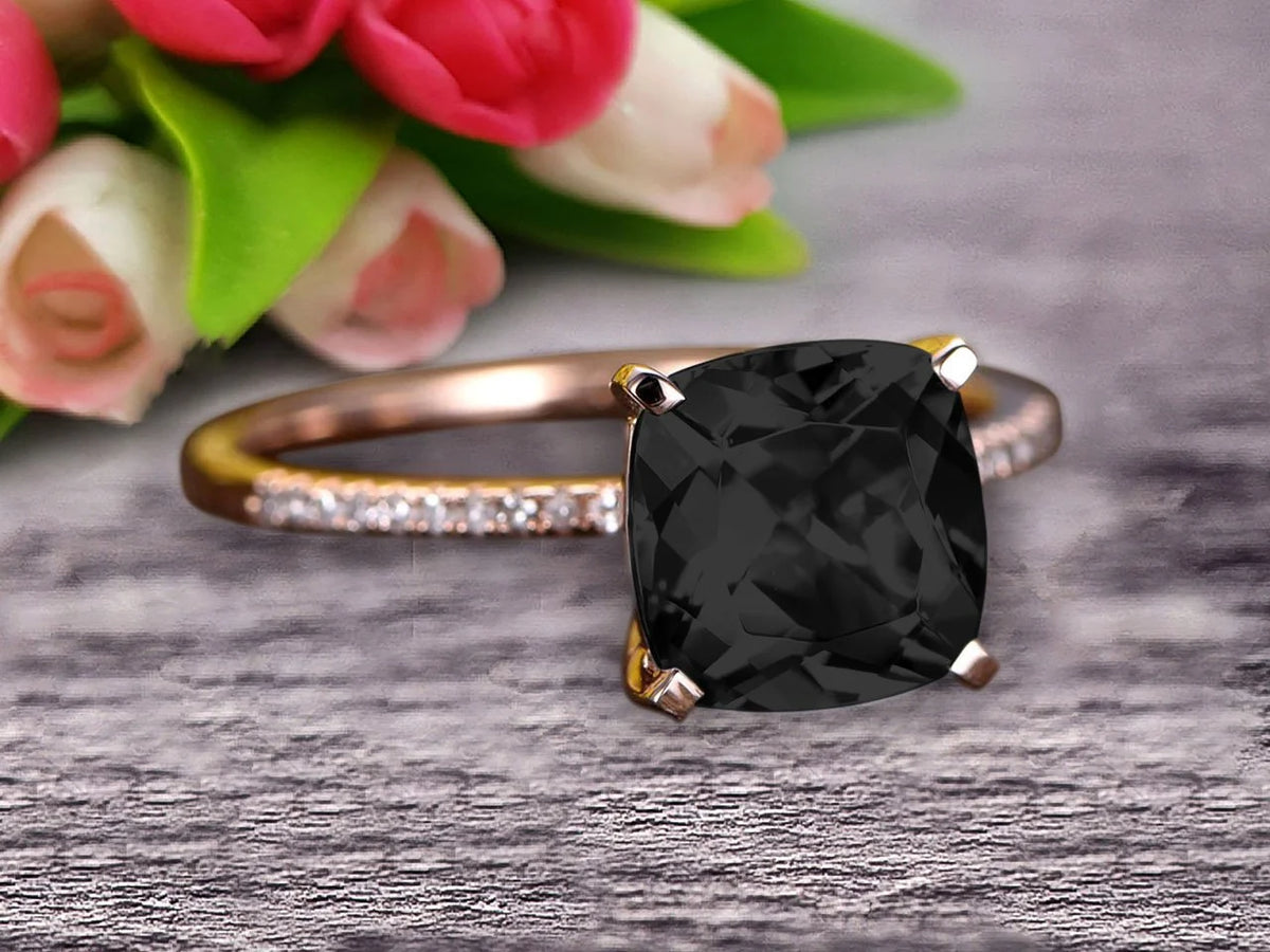 Art Deco Cushion Cut Black Diamond Moissanite Wedding Engagement Ring P971656
