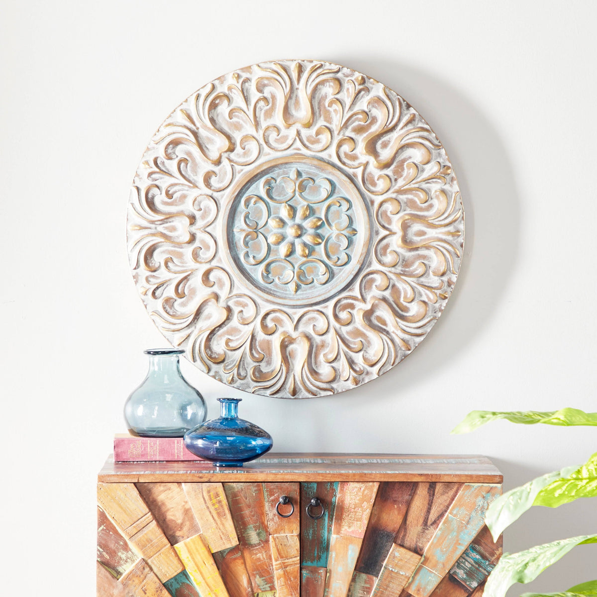 Round Antique Gold Metal Wall Decor with Light Green Textured Pattern Center M2311