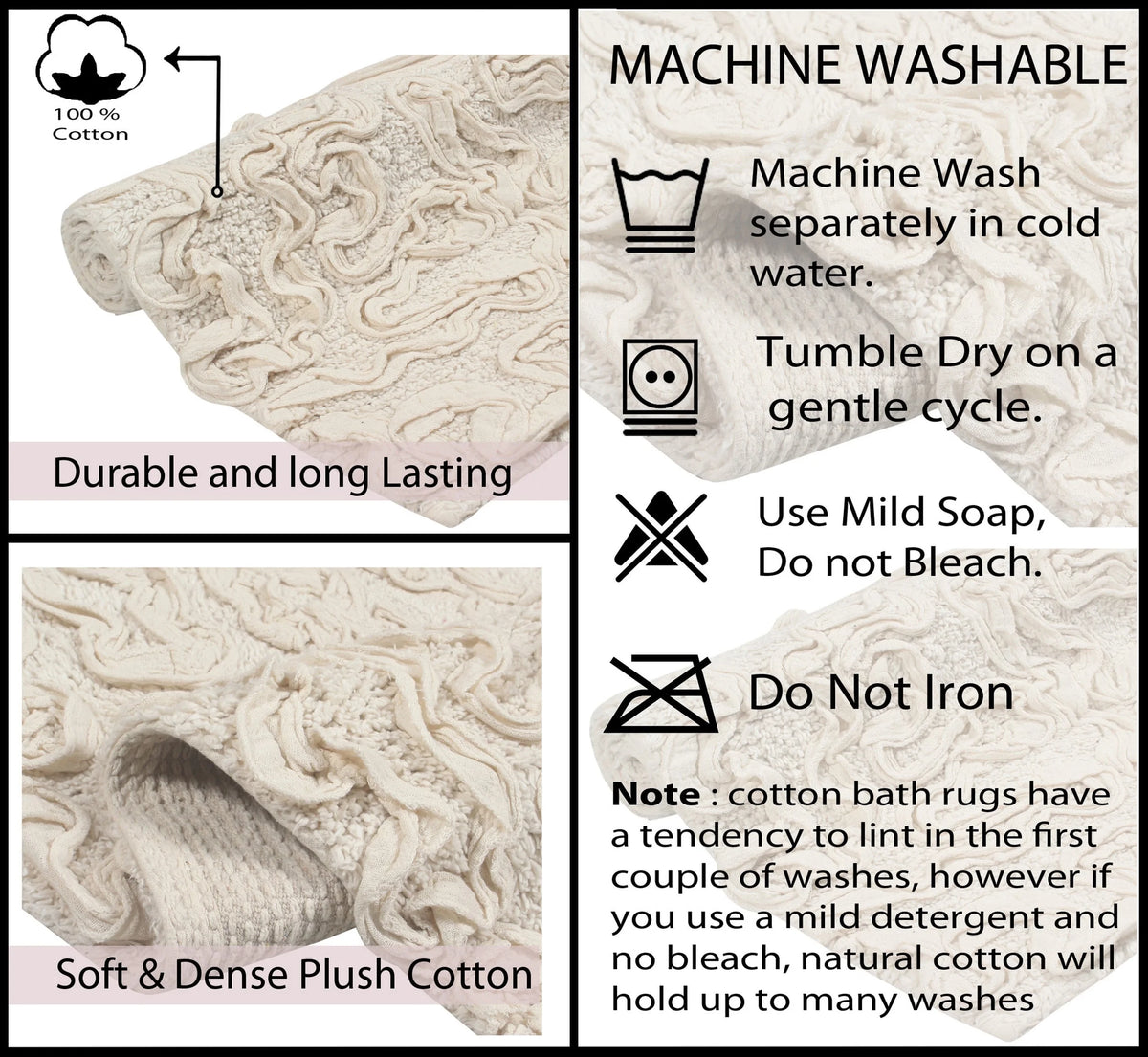 100% Cotton Tufted Bath Rugs, 4 Piece Set with Runner, Ivory E424274