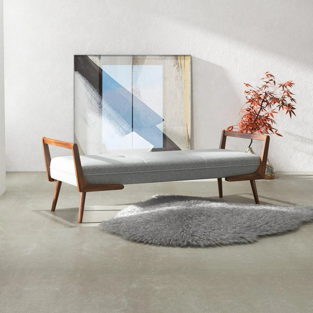 Poppy Gray Tufted Fabric Bench with Walnut Wood Legs A172413