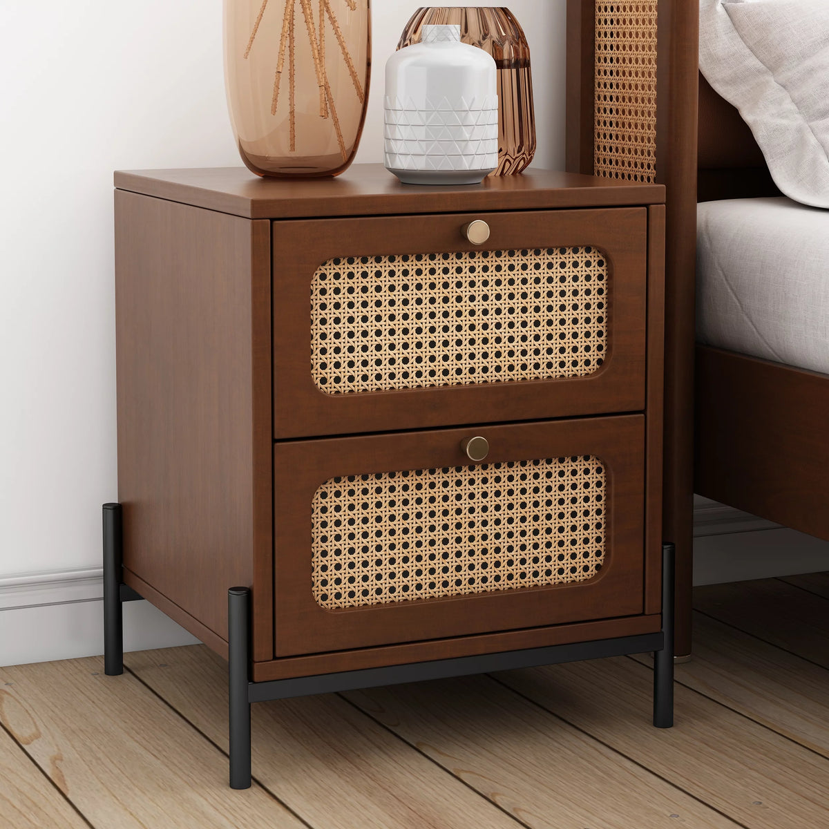 Walnut 2-Drawer Rattan Wood Side Table Q5092
