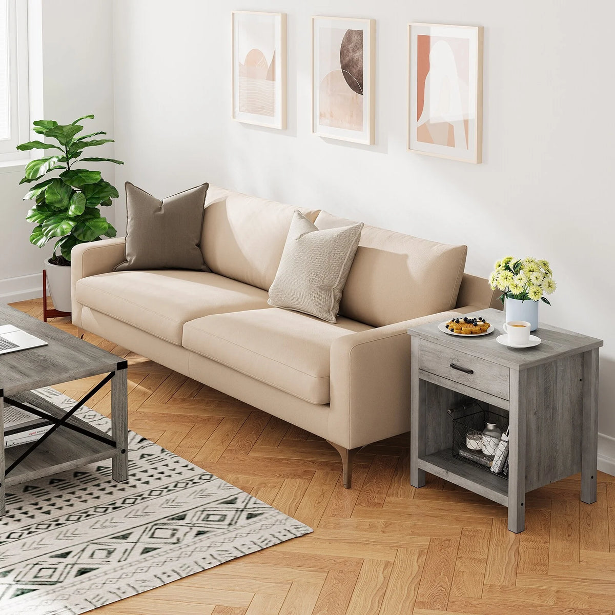 Rustic Grey End Table with Storage Drawer T1524