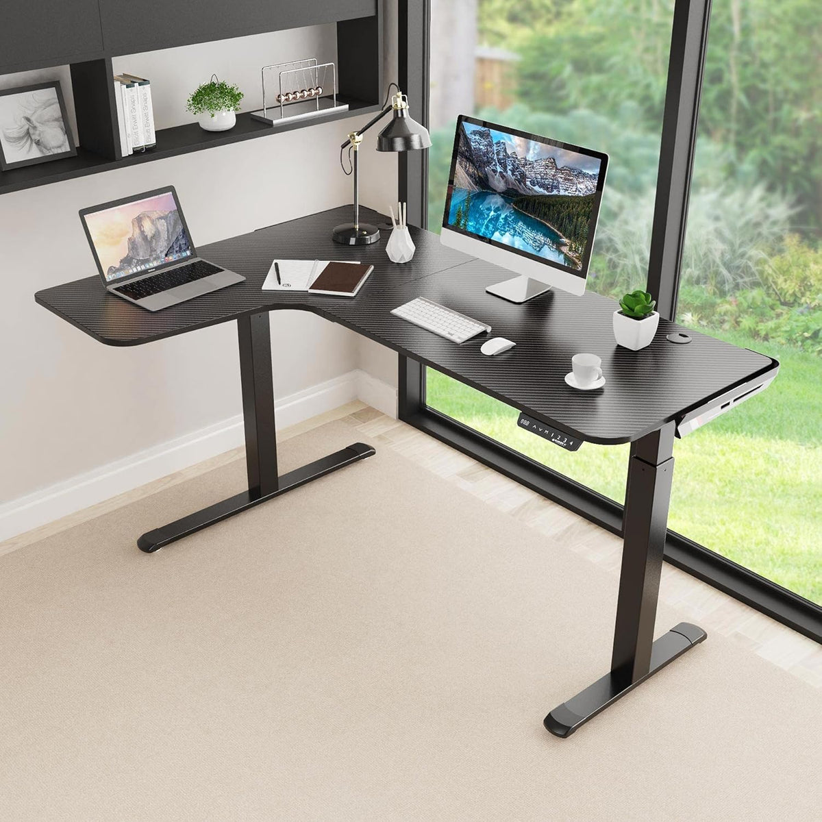 Dual Motor L Shaped Standing Desk, 61 inch Electric Height Adjustable Black Frame K12450
