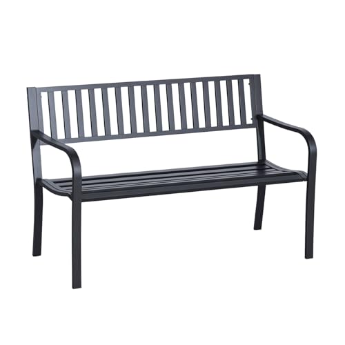 50" Black Metal Outdoor Garden Bench with Slatted Seat Y811