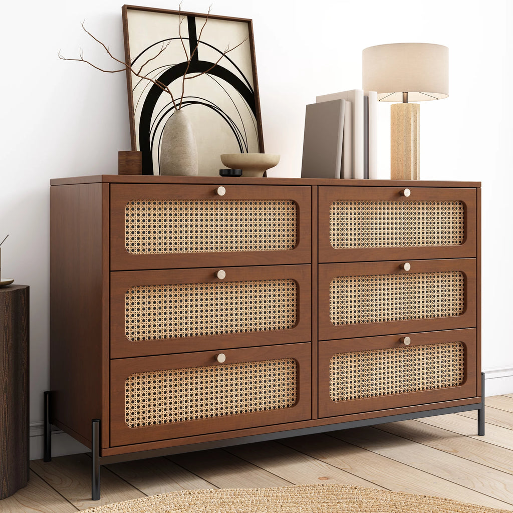Walnut 2-Drawer Rattan Wood Side Table Q5092