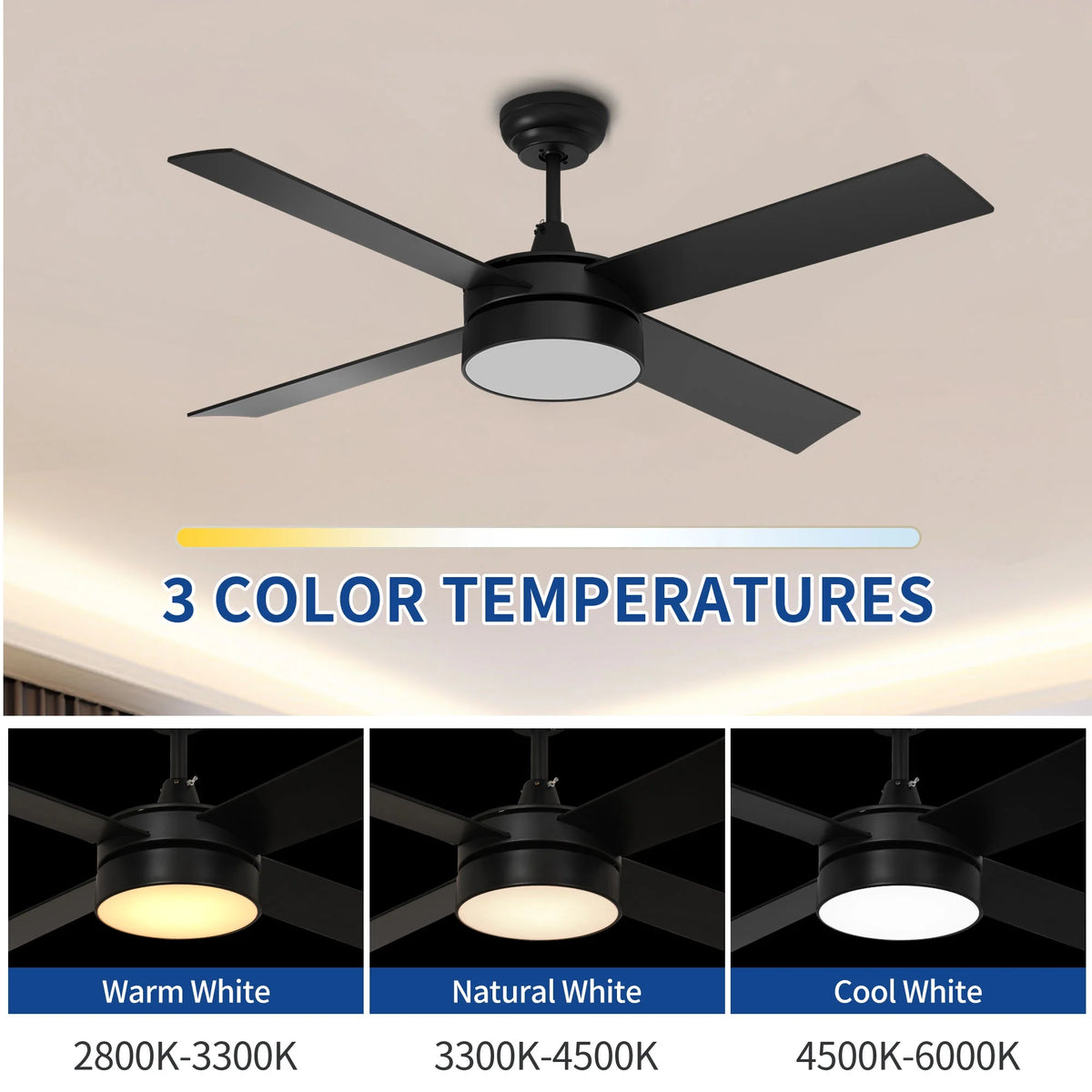 Black Ceiling Fan with Light and Remote E743