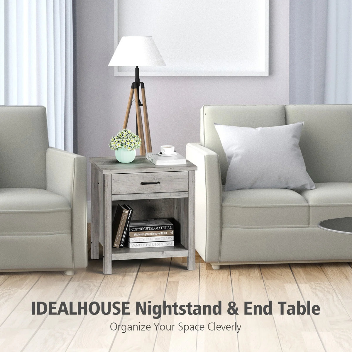 Rustic Grey End Table with Storage Drawer T1524