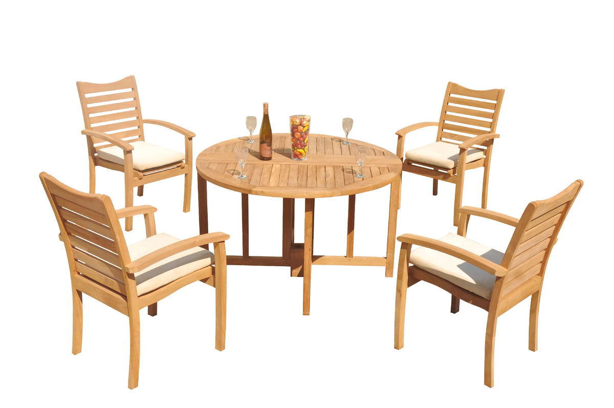 Grade-A Teak 5 Pc Dining Set with 48" Round Butterfly Table and 4 Stacking Arm Chairs C7064