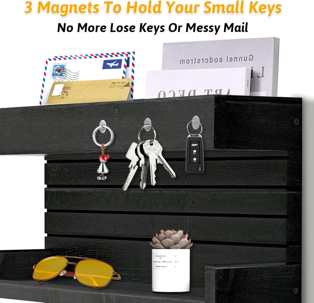Wooden Key Holder with 4 Key Hooks and Double Shelf O6882