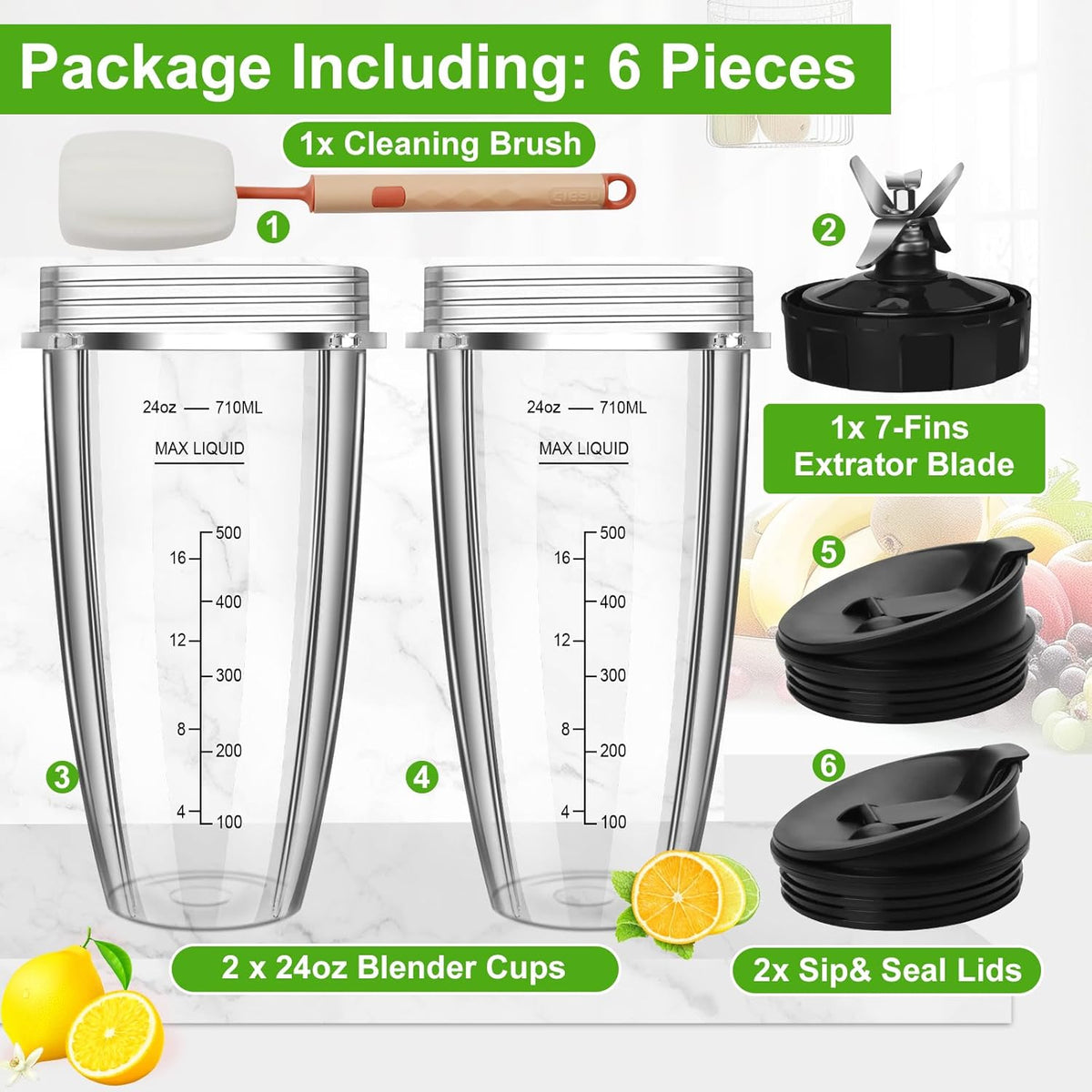 2 24oz Blender Cups with To-Go Lids and 7-Fins Extractor Blade R868