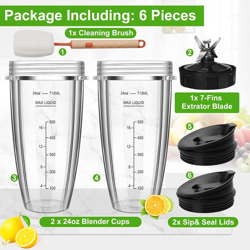 2 24oz Blender Cups with To-Go Lids and 7-Fins Extractor Blade R868