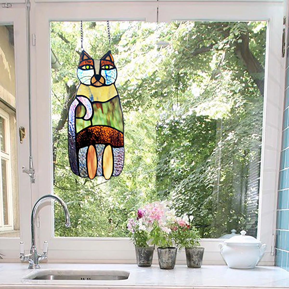 Crazy Cat Stained Glass Window Panel L245