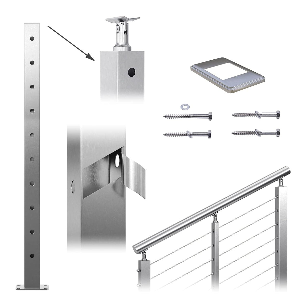 36x2x2 Brushed Stainless Steel Cable Railing Post A733