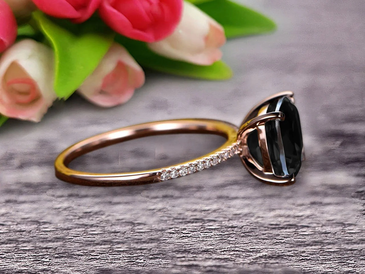 Art Deco Cushion Cut Black Diamond Moissanite Wedding Engagement Ring P971656