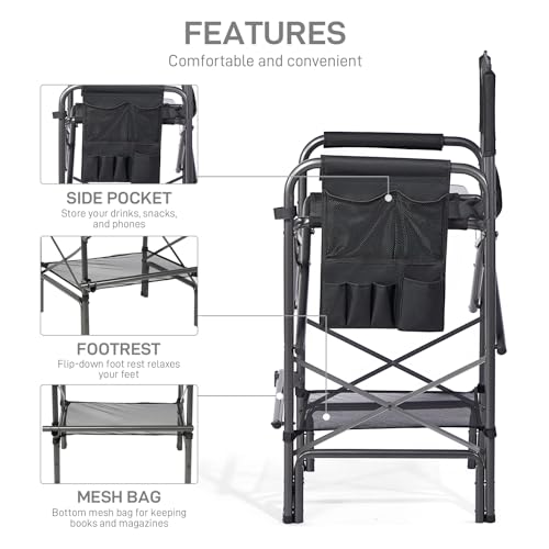 Tall Folding Chair with Side Table Cup Holder Storage Pocket Blue Grey C485