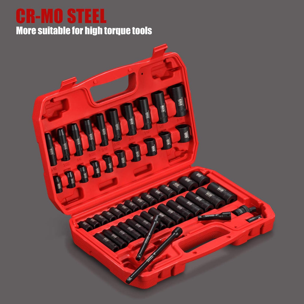 1/4 Inch Drive 53-Piece CR-MO Alloy Steel Impact Socket Set SAE and Metric T2647