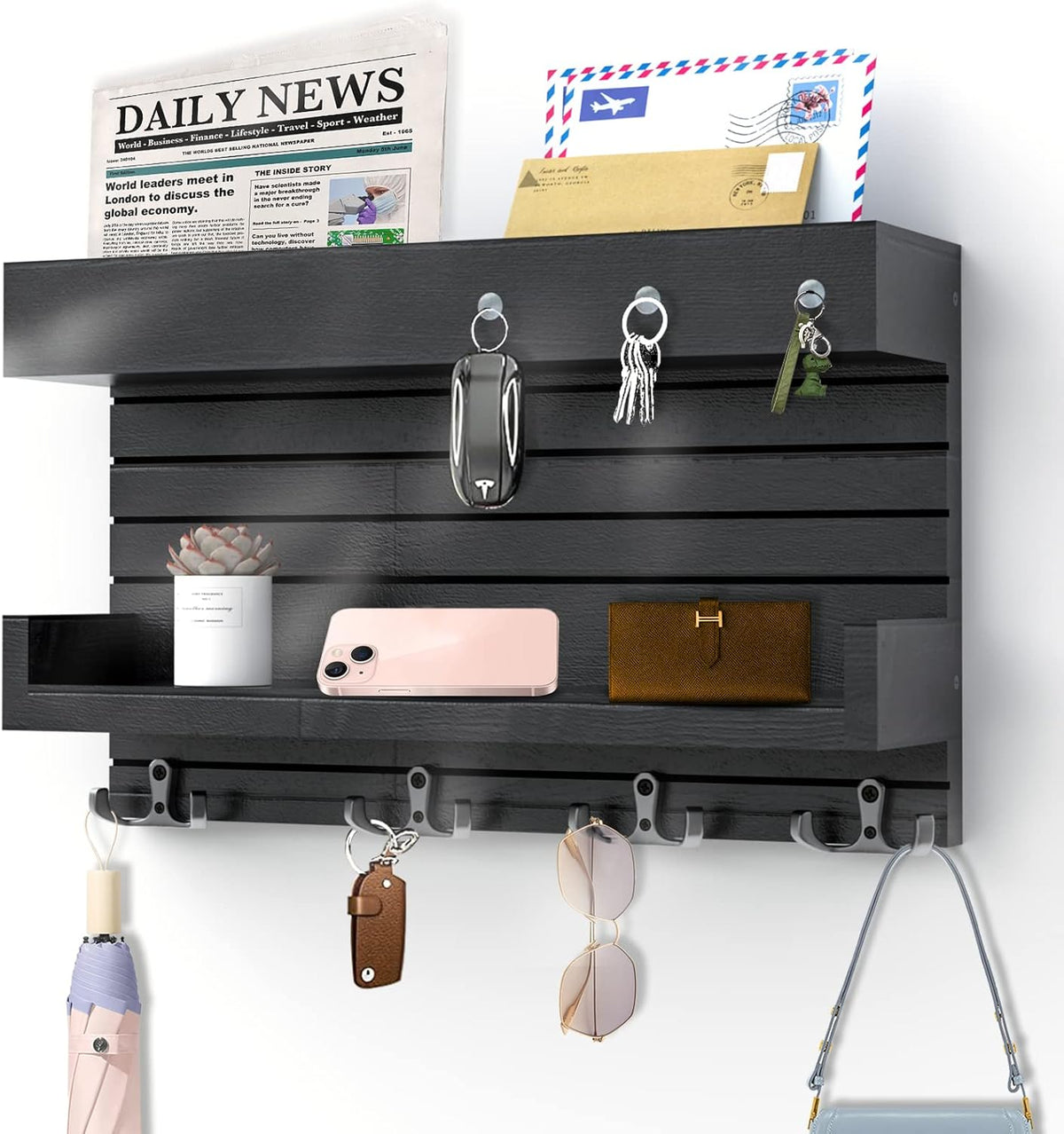 Wooden Key Holder with 4 Key Hooks and Double Shelf O6882
