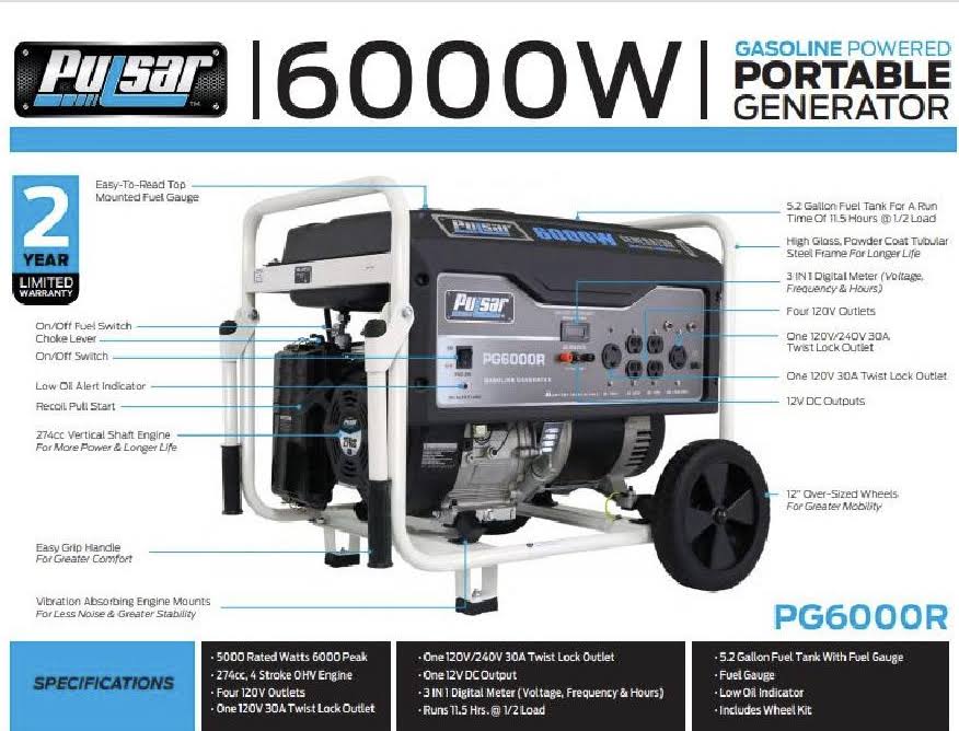 6,000 Peak Watt Gas-Powered Portable Generator I919