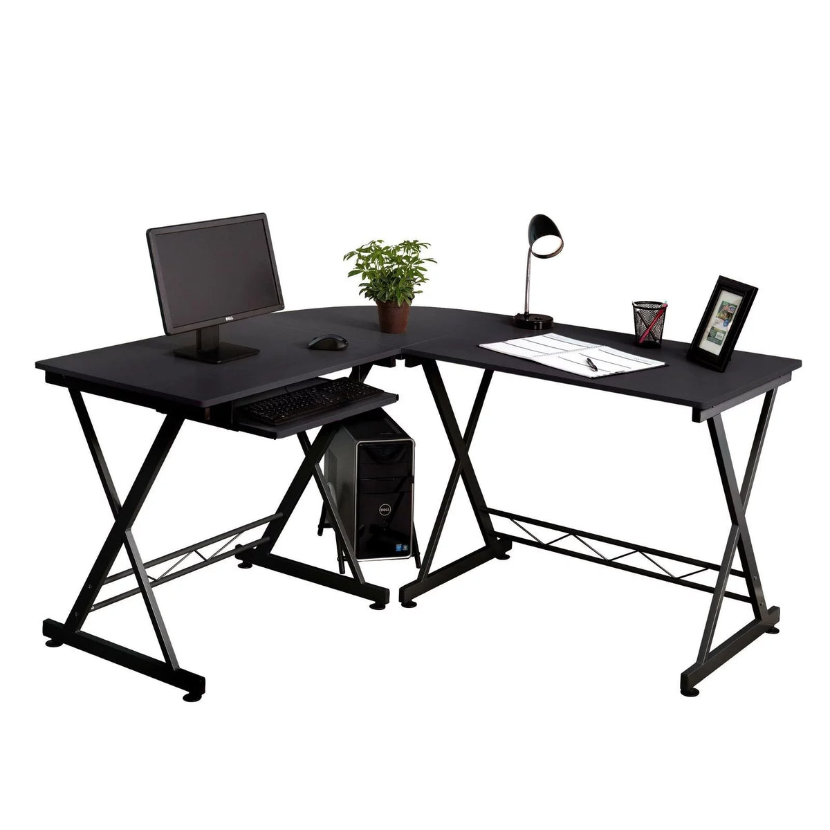 L-Shaped Tempered Glass Computer Desk with Shelf & Keyboard Tray T95103