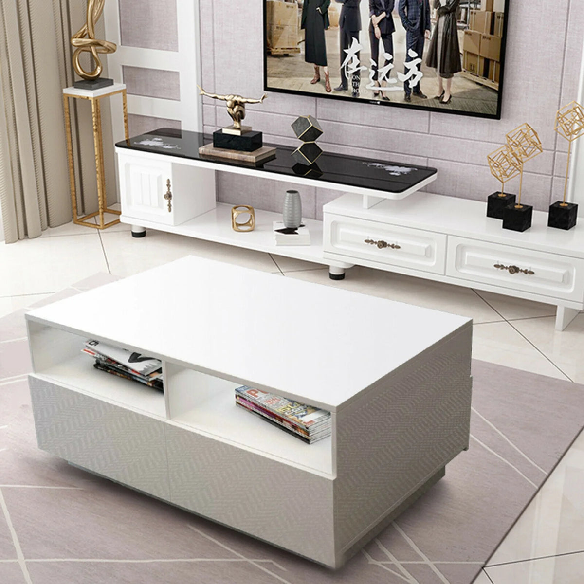 White High Gloss LED Coffee Table with Drawers I6235