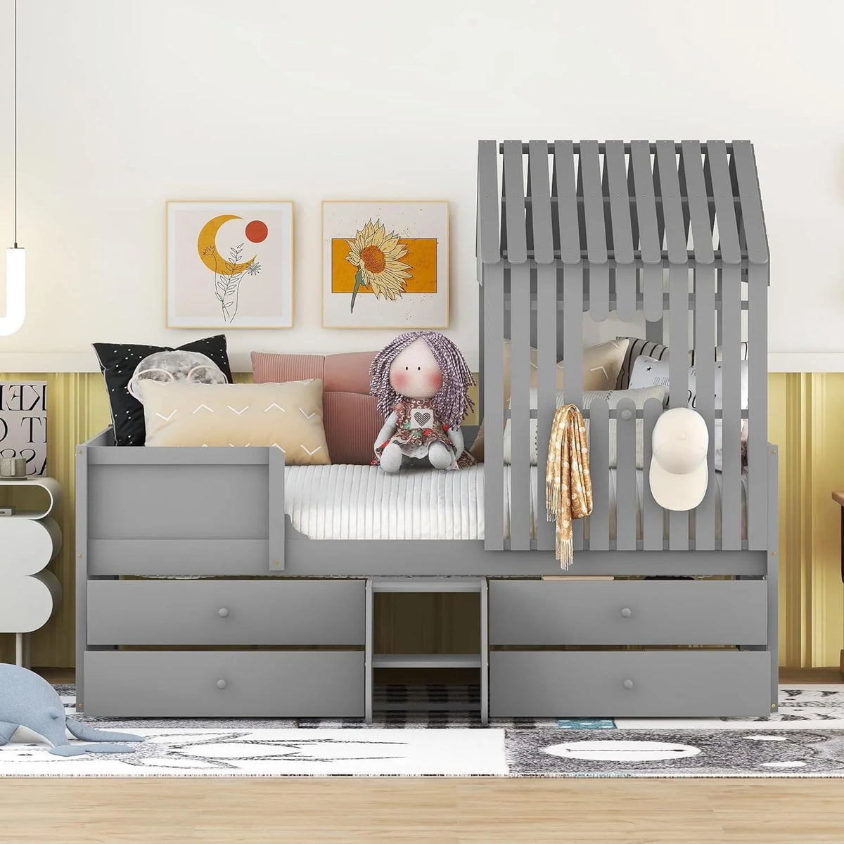 Full Size Wood House Bed with 4 Drawers and Roof F667