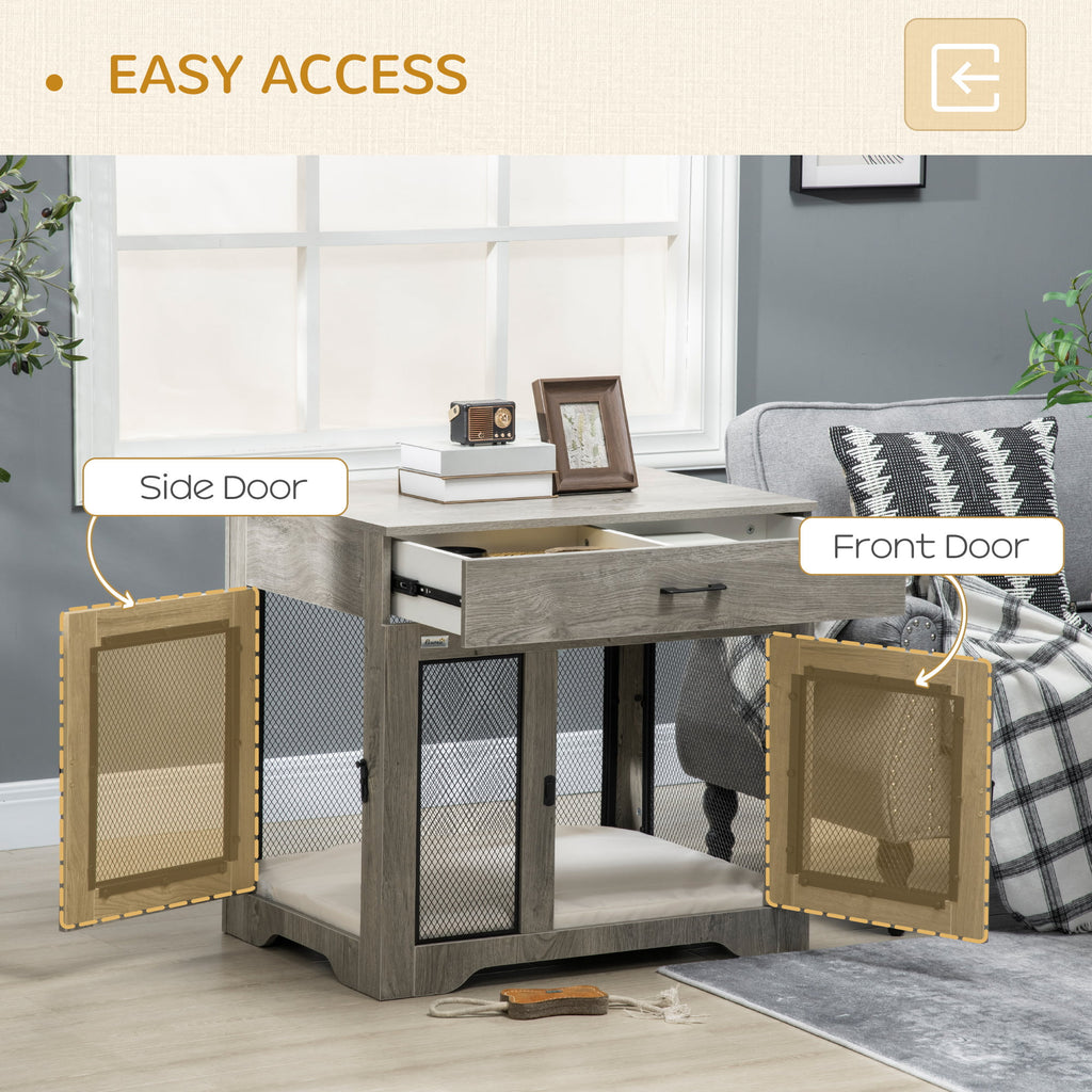 Grey Dog Crate Furniture with Cushion and Drawer T889