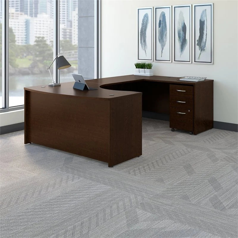 60W Bow Front U Desk with Drawers in Mocha Cherry Engineered Wood V8956