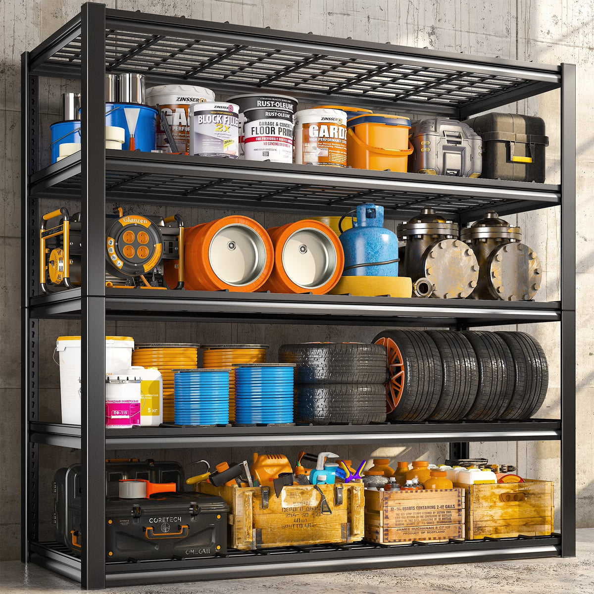 Heavy Duty 5 Tier Metal Wire Garage Storage Shelving Rack, Black U166319