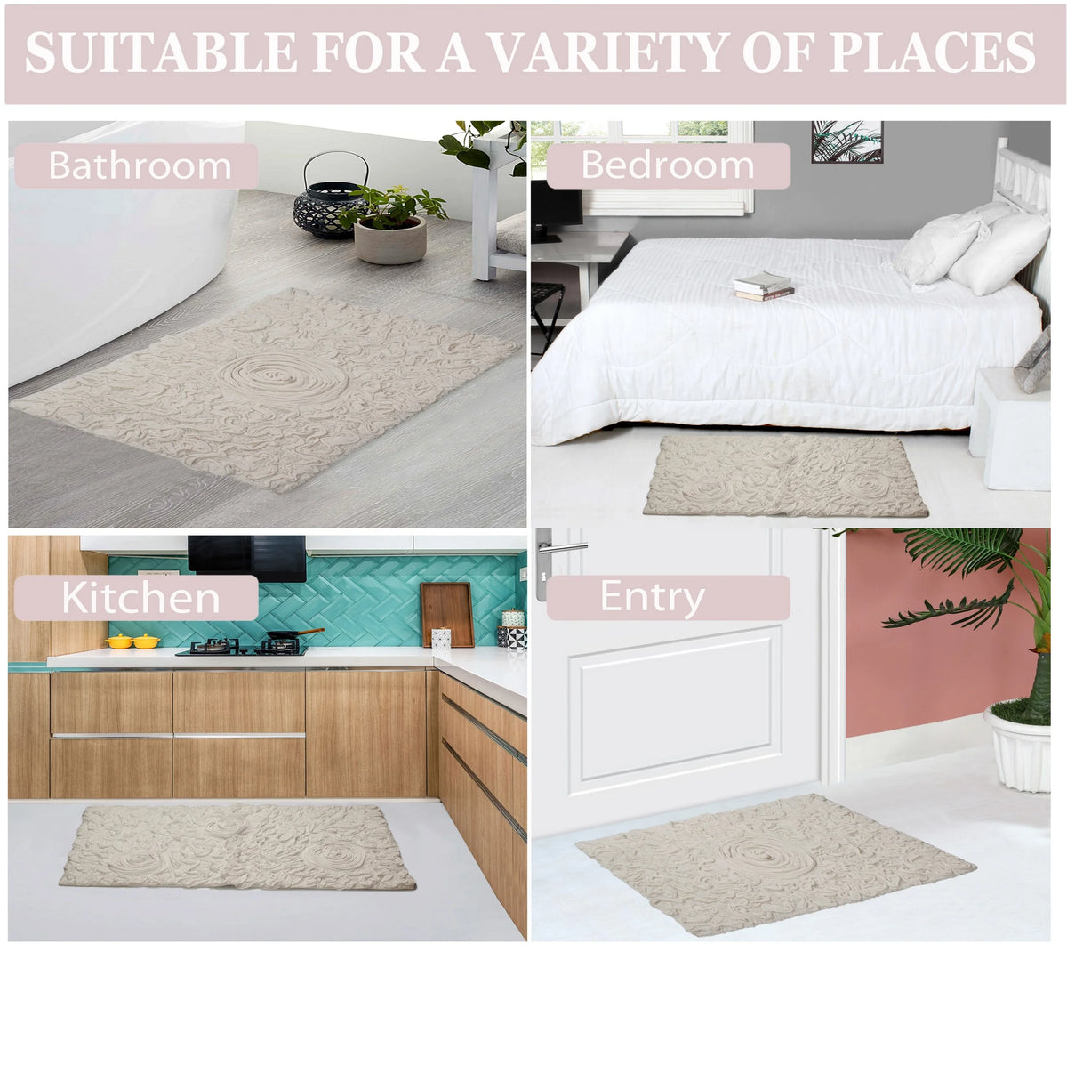 100% Cotton Tufted Bath Rugs, 4 Piece Set with Runner, Ivory E424274