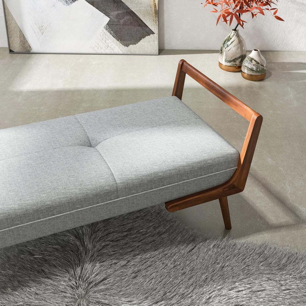 Poppy Gray Tufted Fabric Bench with Walnut Wood Legs A172413