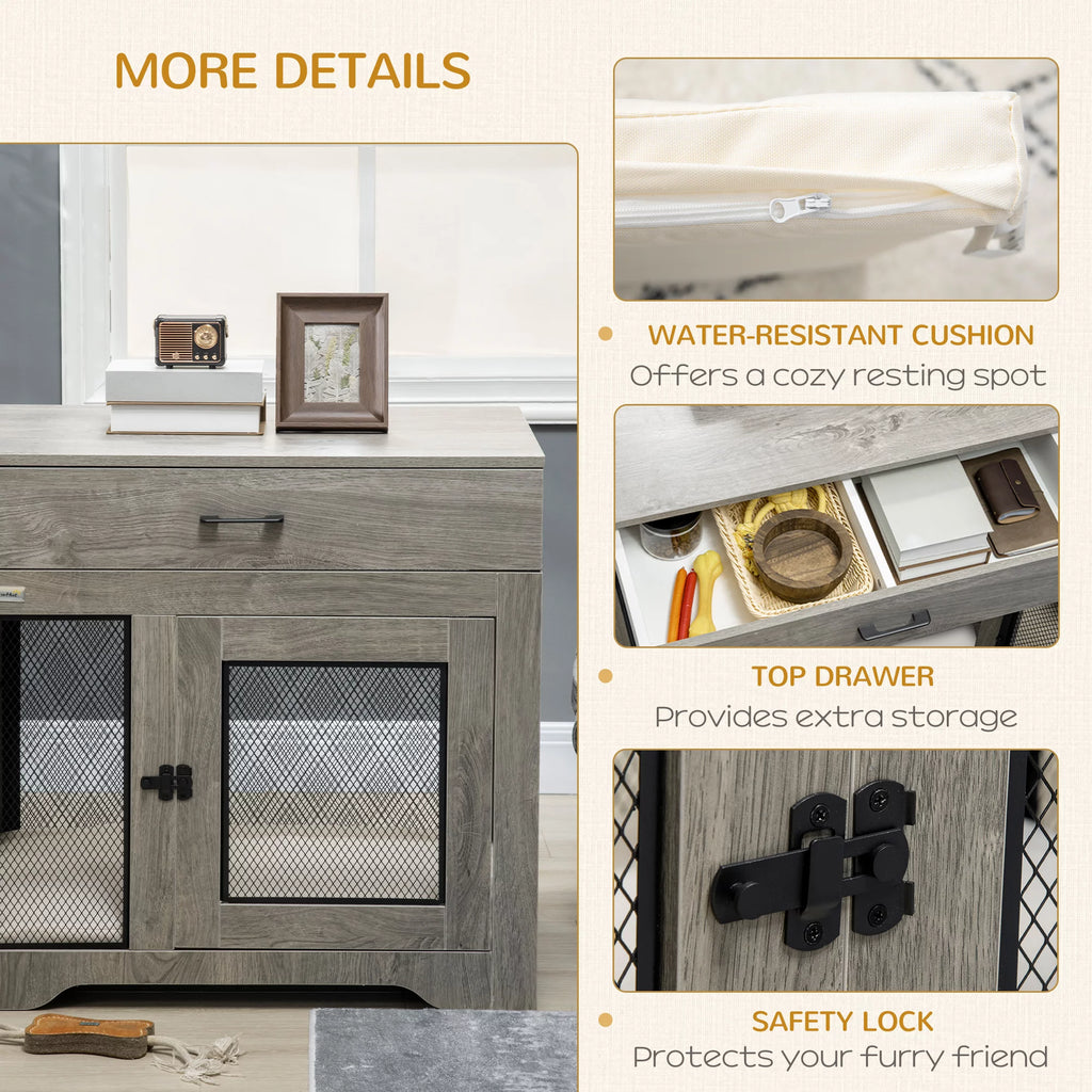 Grey Dog Crate Furniture with Cushion and Drawer T889