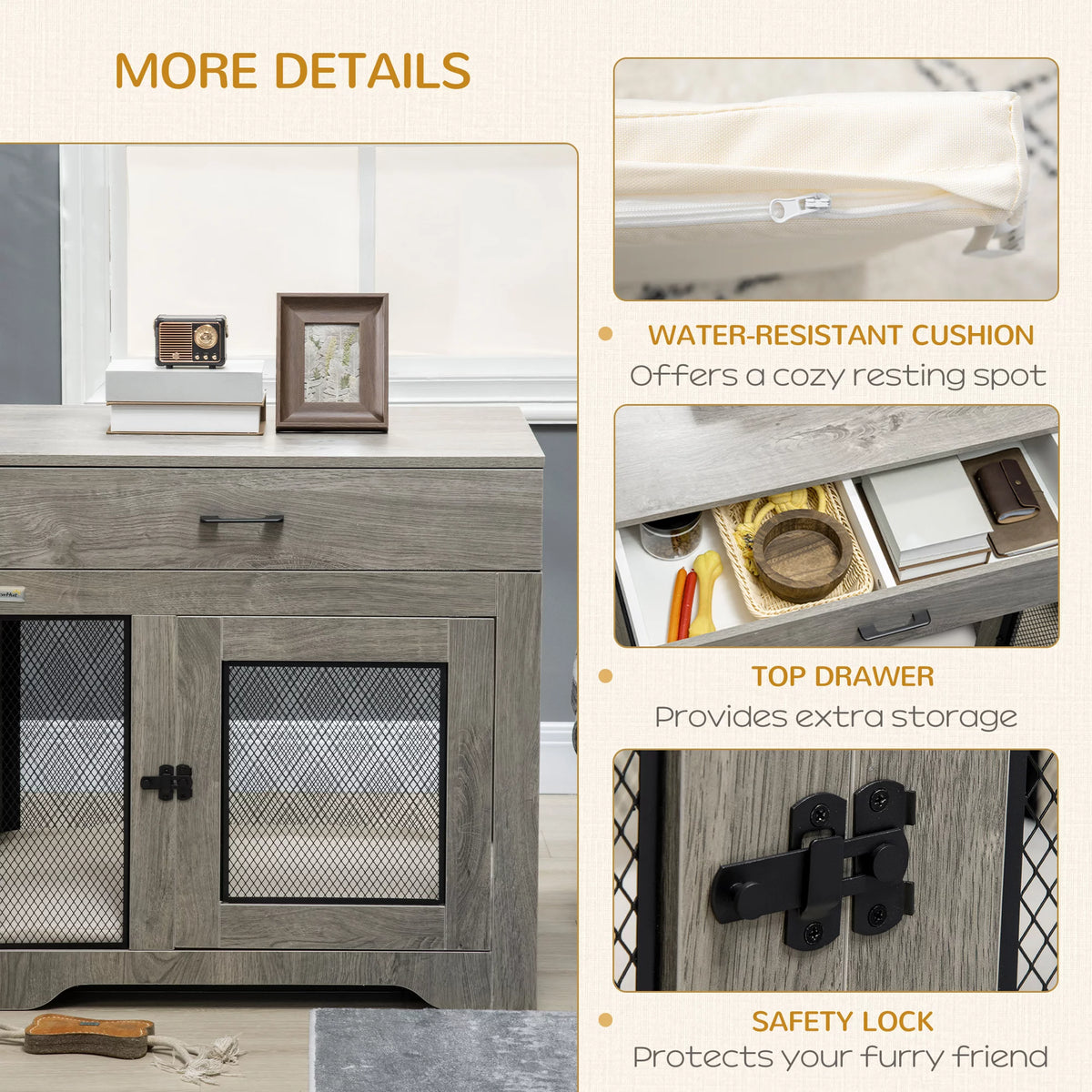 Grey Dog Crate Furniture with Cushion and Drawer T889