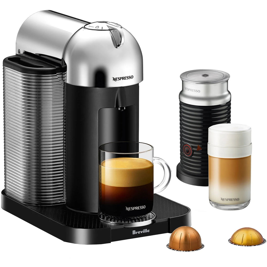 Chrome Coffee & Espresso Single-Serve Machine and Black Milk Frother E12950