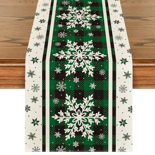 Green Buffalo Plaid Snowflakes Christmas Table Runner 13x72 Inch S605