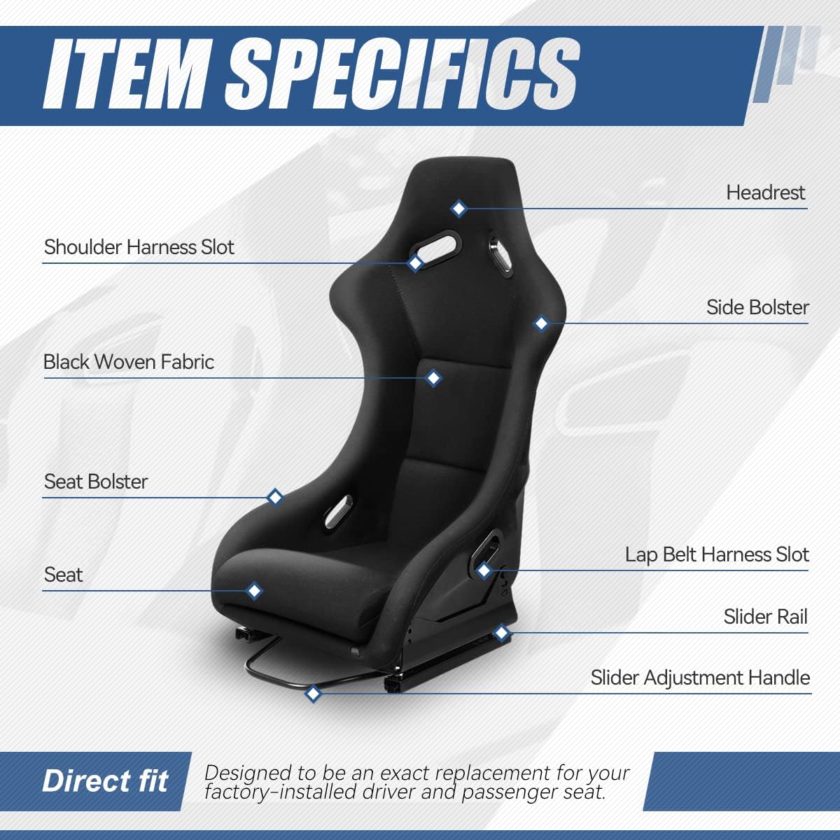 Black Fabric Bucket Racing Seats, Set of 2 R350