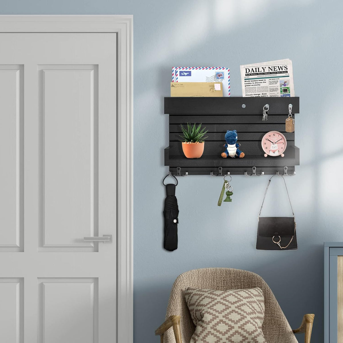 Wooden Key Holder with 4 Key Hooks and Double Shelf O6882