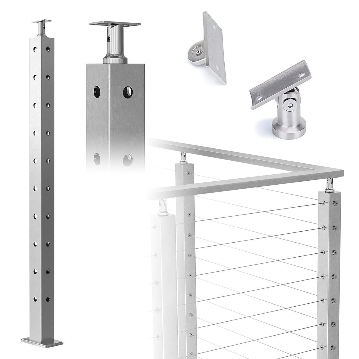 36x2x2 Brushed Stainless Steel Cable Railing Post A733