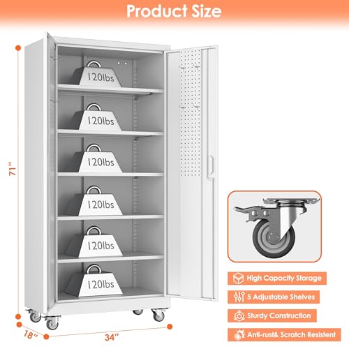73" H Metal Storage Cabinet with Wheels and Locking Doors M3083