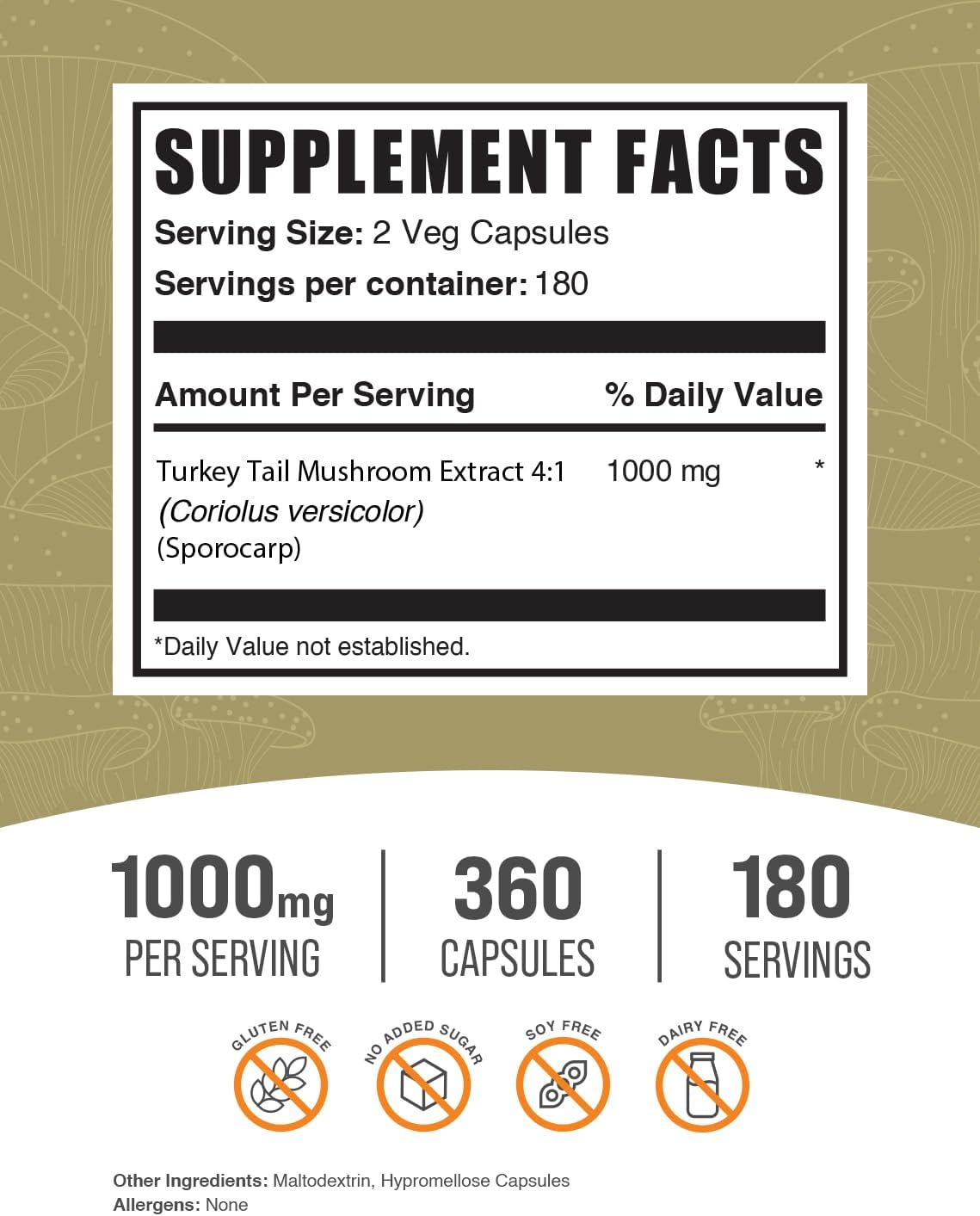 Turkey Tail Mushroom Capsules, 360 Veg Capsules Z833