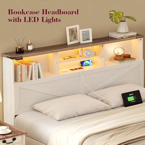 White Full Size Bed Frame with Bookshelf Headboard and Storage Drawers H460968