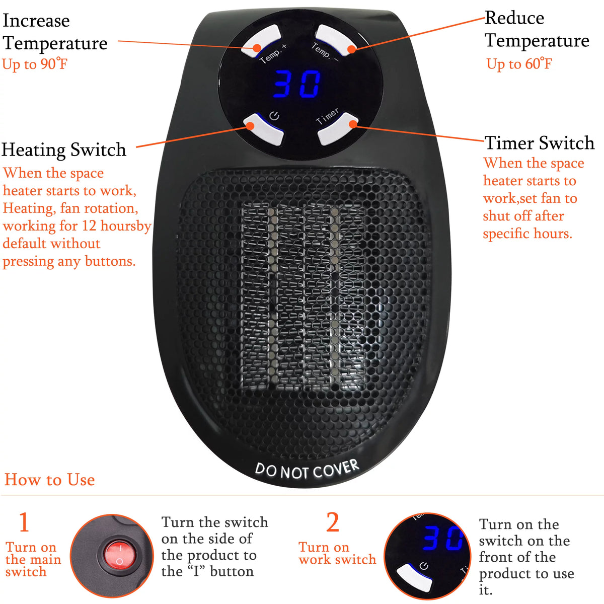 Programmable Wall Outlet Electric Heater with LED Display, Adjustable Thermostat and Timer, 350 Watt Z849924