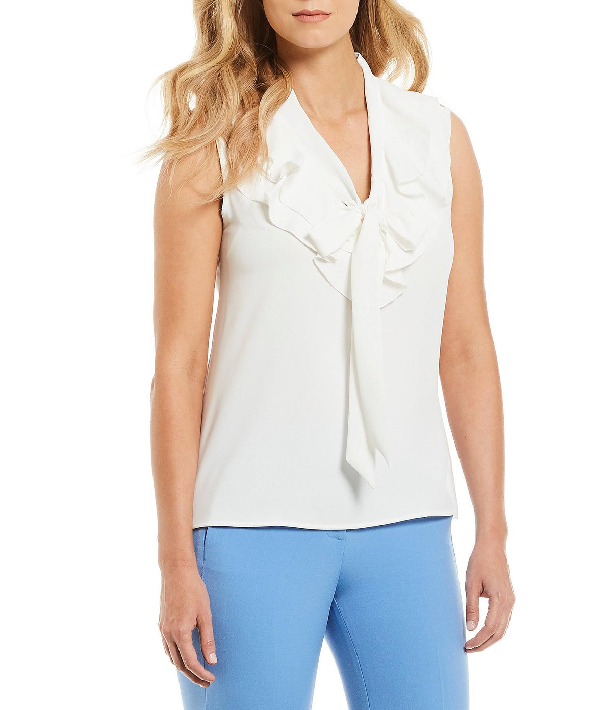 White Ruffled Tie V-neck Sleeveless Blouse H1099